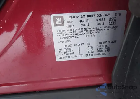 2021 Chevrolet Trailblazer Awd Lt z USA, uszkodzony, nr VIN KL79MRSL5MB104627